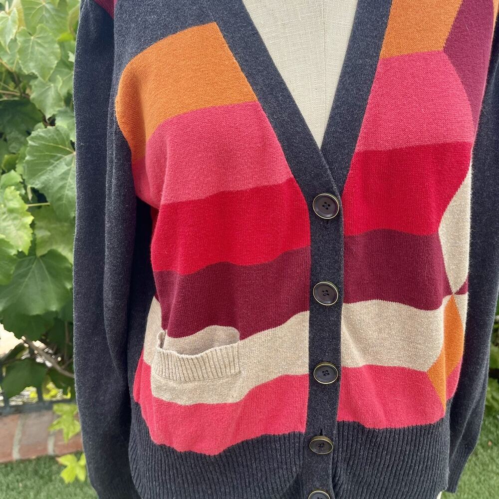 Cabi Womens Color Block Argyle Preppy Stripe Cardigan Sweater 100 Cotton Medium